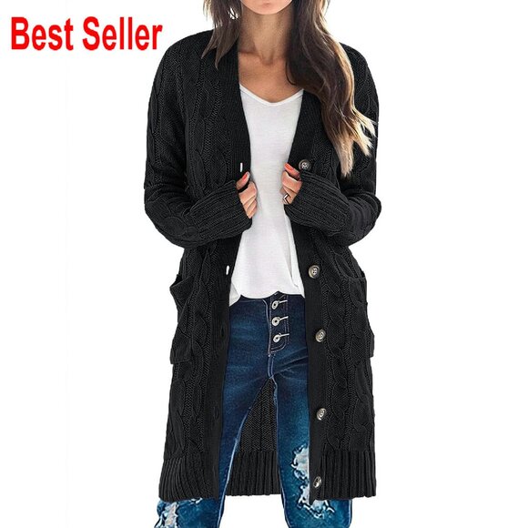Sweaters - Cable Knit Cardigan Sweater Long Sleeve Oversized Chic Fall Winter Outerwear